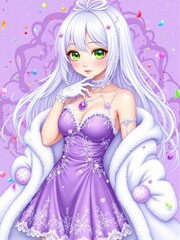 Fototapeta premium Elegant animated girl with long white hair in a purple dress and fur collar, adorned with sparkles and colorful decorations