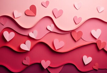 Colorful paper waves with heart shapes in shades of pink for romantic backgrounds, Valentines Day designs, love themes, and artistic projects in paper crafting