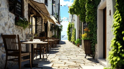 Fototapeta premium Narrow sidewalk, cozy European alleyway, inviting cafes, 3D illustration