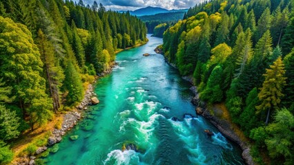 Fototapeta premium Serene Lewis River's blue-green waters flow diagonally; a stunning aerial drone shot.
