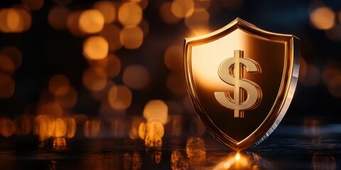 Gold shield with a dollar symbol, representing financial security and wealth in a modern, sleek design.
