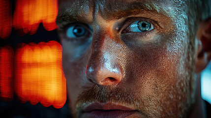 Trader faces high-pressure market turmoil, sweat and tension captured in close-up during crypto trading session