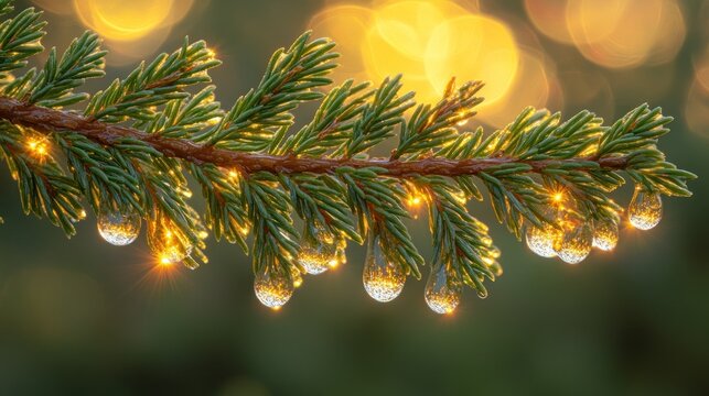 Dewdrops on pine branch at sunset.
