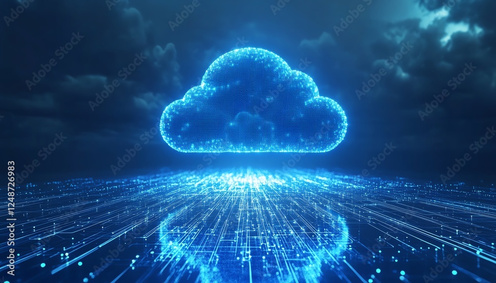 Poster Global cloud computing ecosystem with realtime SaaS applications, glowing data nodes, deep blue cyber matrix, ultrasharp details, 8K resolution