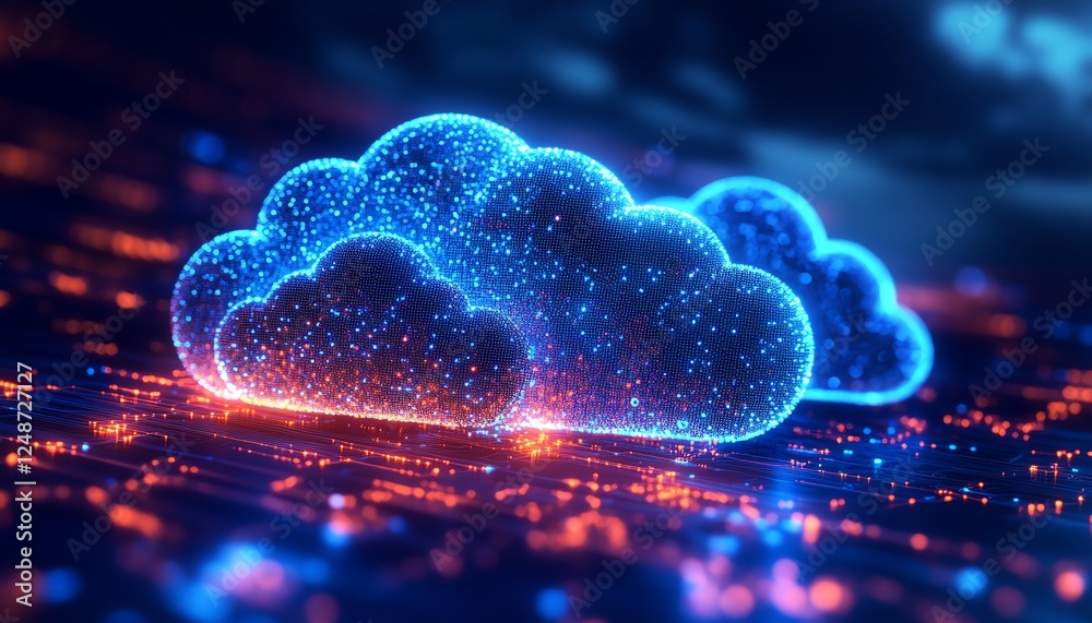 Poster Advanced cloud computing landscape with AIenhanced software applications, glowing global network, ultraHD, cyberinspired futuristic digital art