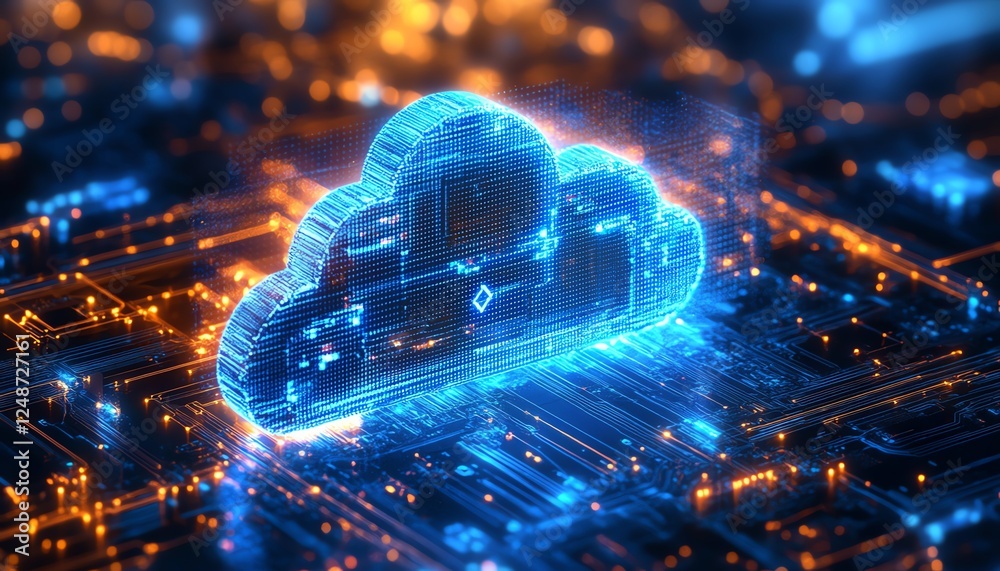 Aufkleber Advanced cloud computing landscape with AIenhanced software applications, glowing global network, ultraHD, cyberinspired futuristic digital art