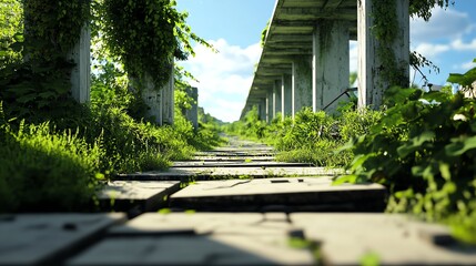 Obraz premium Postapocalyptic sidewalk, crumbling ruins, overgrown vegetation, 3D illustration
