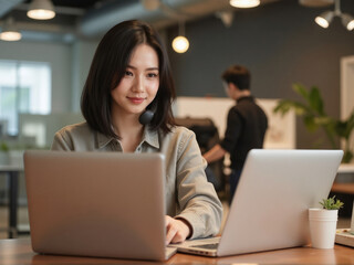 woman with medium-length black hair in a startup office, coordinating courier deliveries over the phone. She balances her work between quality control, shipping schedules, and inventory updates, all w