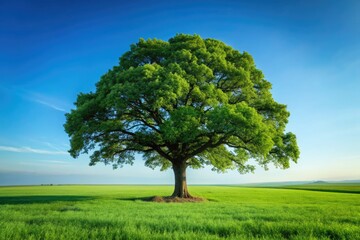 Obraz premium Solitary oak, minimalist field, perfect canopy, dominates the landscape.