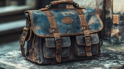 Distressed leather briefcase, outdoors.