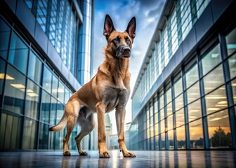 Striking Belgian Malinois portraits against modern architecture; architectural canine photography at its finest.