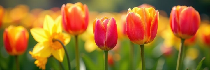 Close-up view of colorful spring tulips and daffodils , daffodils, garden, red
