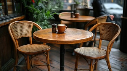 Fototapeta premium Cozy Cafe Patio: A Warm and Inviting Outdoor Seating Area