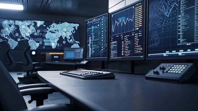 High-tech control room featuring SCADA monitors displaying real-time dynamic data streams.