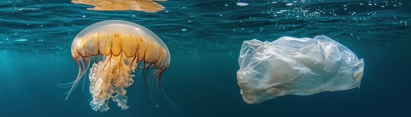 Obraz premium An underwater shot of a jellyfish gracefully swimming next to a vibrant coral reef in crystal-clear waters.