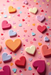Colorful hearts, pastel background, confetti, Valentine's Day card design