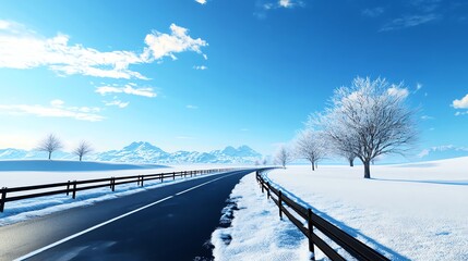 Obraz premium Snowcovered road, winter wonderland, soft snowfall, 3D illustration