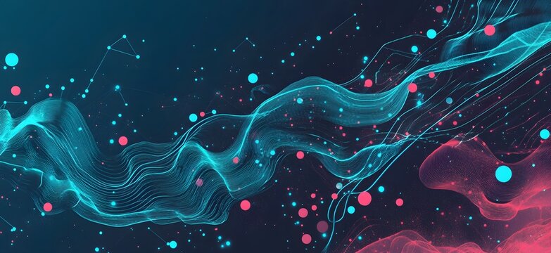 Abstract digital wave, particles, dark background, website header