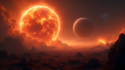 Fiery Exoplanet Landscape: Red Giant Star, Rocky Terrain, and Distant Planet - Sci-Fi Art, Space Exploration, Cosmic Scene