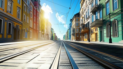 Naklejka premium Street with tram tracks, European vibe, nostalgic feel, 3D illustration