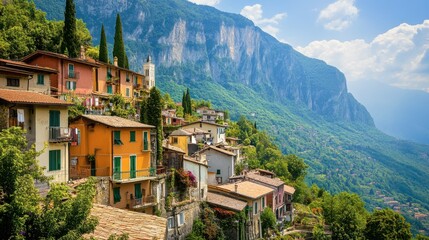 A small mountain village nestled in the Italian Alps, with traditional chalets and winding cobblestone streets.