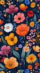 Vibrant floral pattern featuring colorful flowers on a dark background for artistic inspiration