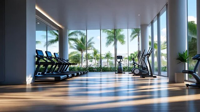Vibrant gym setting with energetic workout and abundant natural light.