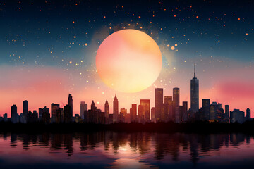  sunrise over a city skyline watercolor