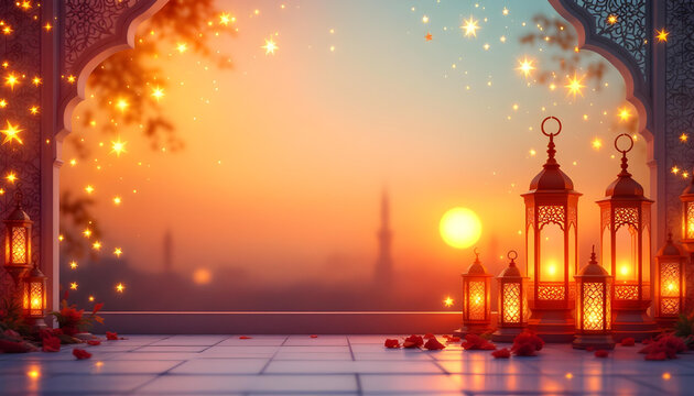 A beautifully designed Ramadan Kareem invitation card with a dark green background, glowing golden lanterns, and symmetrical floral motifs. The central blank space allows for inserting quotes, prayers