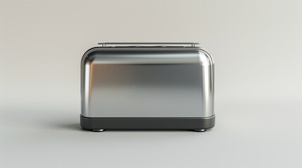 A modern toaster with a sleek metallic finish, placed symmetrically on a white background.