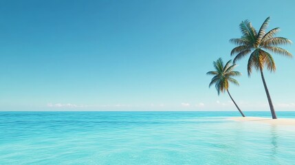 Tropical beach, crystalclear turquoise waters, palm trees, 3D illustration