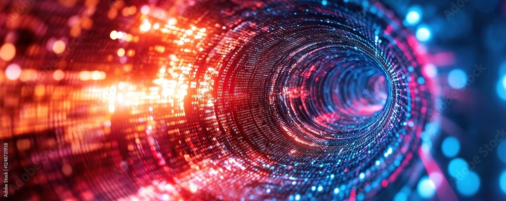  digital data streams flowing through a cyber tunnel of light and color in abstract visualization