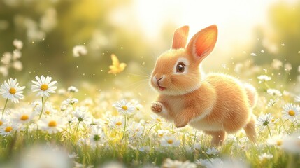 Fototapeta premium Cute bunny running through a field of daisies in spring sunshine.