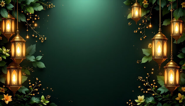 A beautifully designed Ramadan Kareem invitation card with a dark green background, glowing golden lanterns, and symmetrical floral motifs. The central blank space allows for inserting quotes, prayers