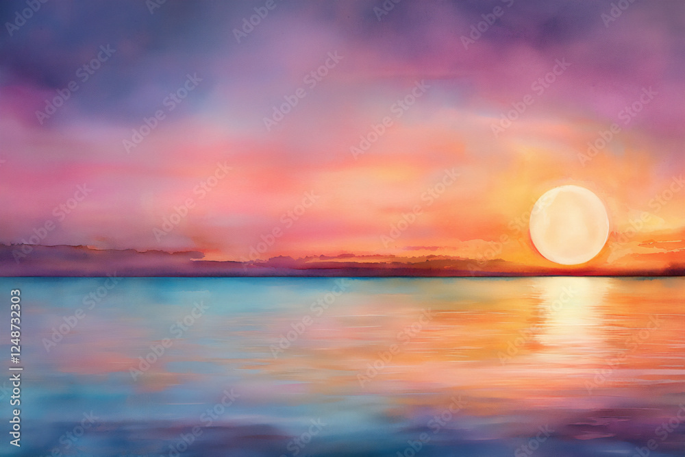 Sticker  sunset over a calm sea watercolor view