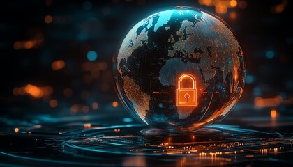 3D digital globe with a holographic padlock, glowing circuit board details, and a dark hightech backdrop, global protection theme