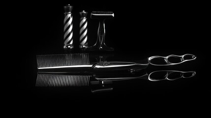 Barber shop tools, still life, black background.  Possible use Advertising, catalog, website