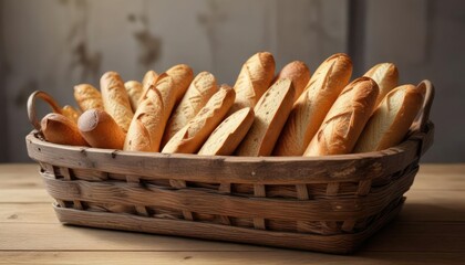 Rustic wooden basket filled with long French bread , rustic, basket, wood