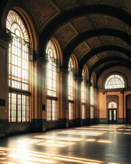 Historic train station featuring arched windows and intricate ironwork, a stunning blend of architecture and history.