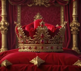 Fototapeta premium Regal golden crown adorned with crimson rubies rests atop a plush velvet pillow against a deep crimson backdrop, golden pillow, ornate, jewel-encrusted