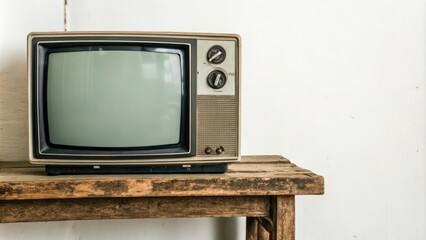 Retro Television on Distressed Wood Shelf, retro television shelf, retro wall decor, classic television set, pastel colors