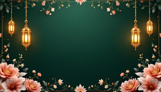 A beautifully designed Ramadan Kareem invitation card with a dark green background, glowing golden lanterns, and symmetrical floral motifs. The central blank space allows for inserting quotes, prayers