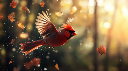 A vibrant red cardinal soars elegantly through the air, surrounded by drifting autumn leaves in a sunlit forest
