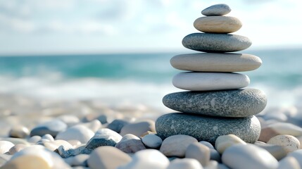 Fototapeta premium Zen beach, stacked stones, peaceful meditation vibe, 3D illustration
