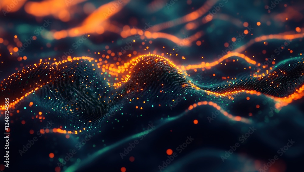 Poster abstract particle waves flowing dynamically in vibrant hues, creating a mesmerizing visual symphony.