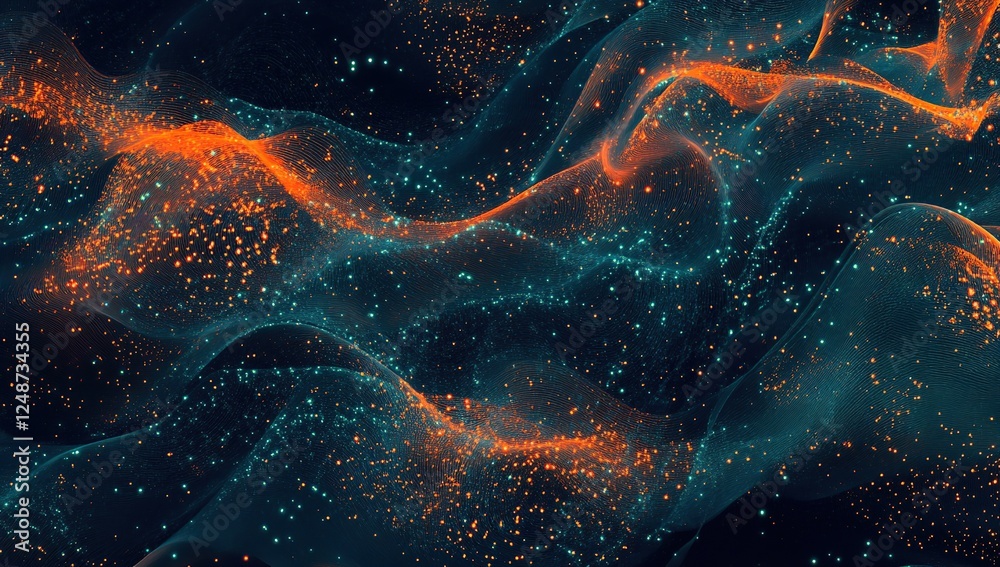 Poster abstract orange and teal particle waves flowing dynamically across screen, creating mesmerizing visu