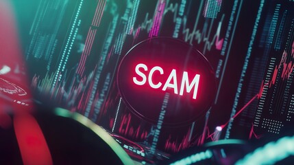 Glowing scam warning sign over digital stock market chart with financial data visualization, shallow focus