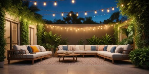 Fototapeta premium Poolside lounge area with string lights and lush greenery, nature-inspired decor, serene escape