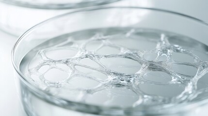 Intricate network of translucent structures fills a petri dish, illustrating scientific research and experimentation. The image captures the essence of biological studies and laboratory work