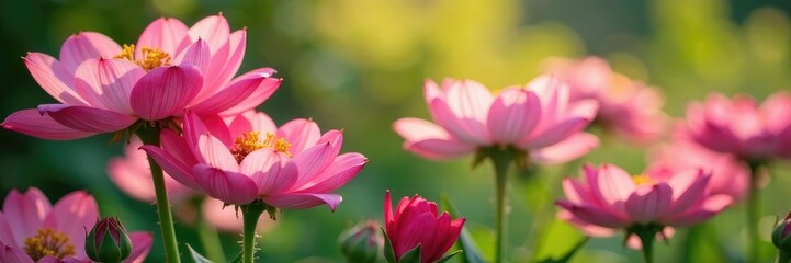Fototapeta premium Pink blooming flowers against a colorful garden background, blooms, floral